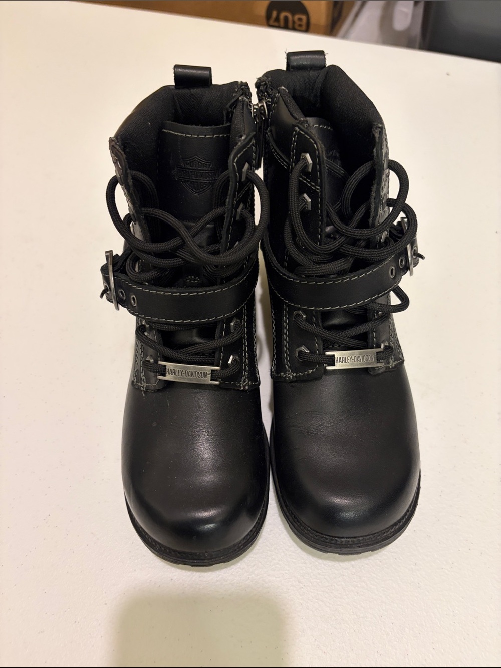Harley-Davidson Black Youth Lace-Up Strap Moto Ankle Boots